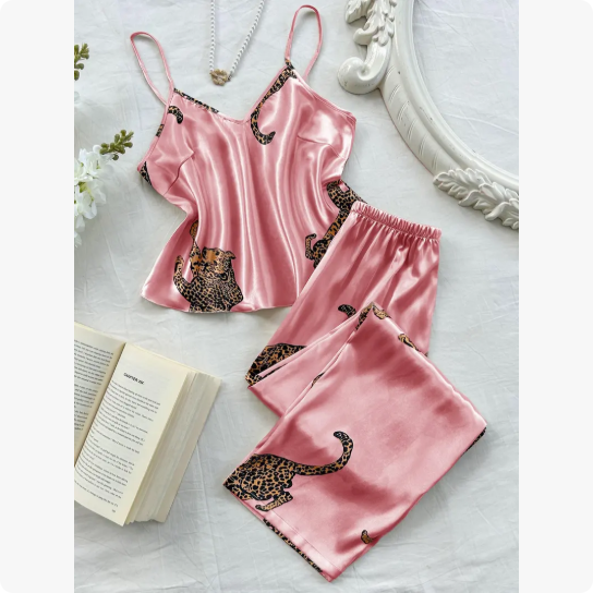 Women's Satin Leopard Pajama Set – Elegant Cami Lounge Set for Cozy Nights