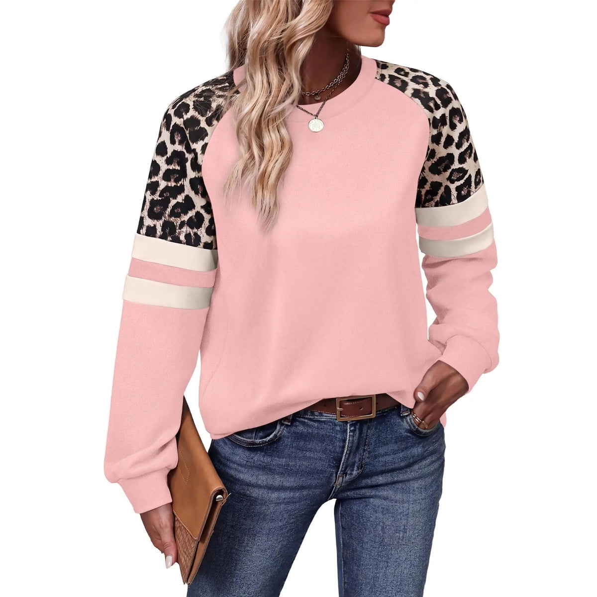 Women’s Leopard Color Block Sweatshirt – Long Sleeve Crewneck Casual Pullover Top