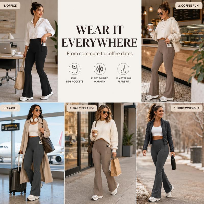 Women's Fleece-Lined Flare Leggings – High-Waisted Warm Pants with Pockets