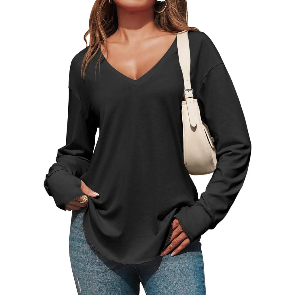 Women’s V Neck Long Sleeve Tunic Top – Loose Fit Curved Hem Casual Basic T-Shirt