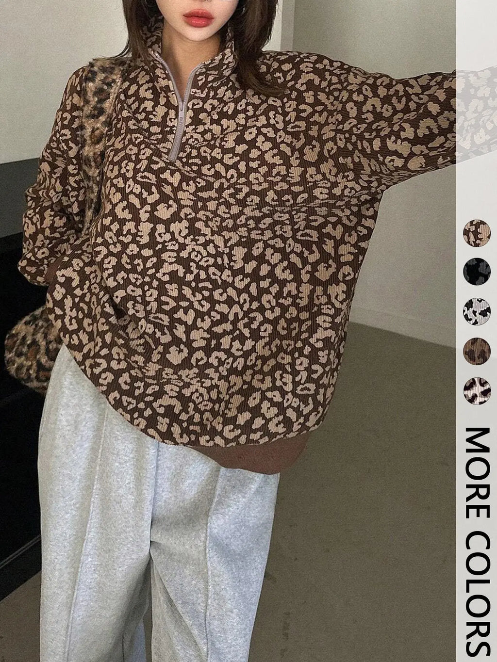 Leopard Print Quarter Zip Pullover – Women's Trendy Casual Sweatshirt