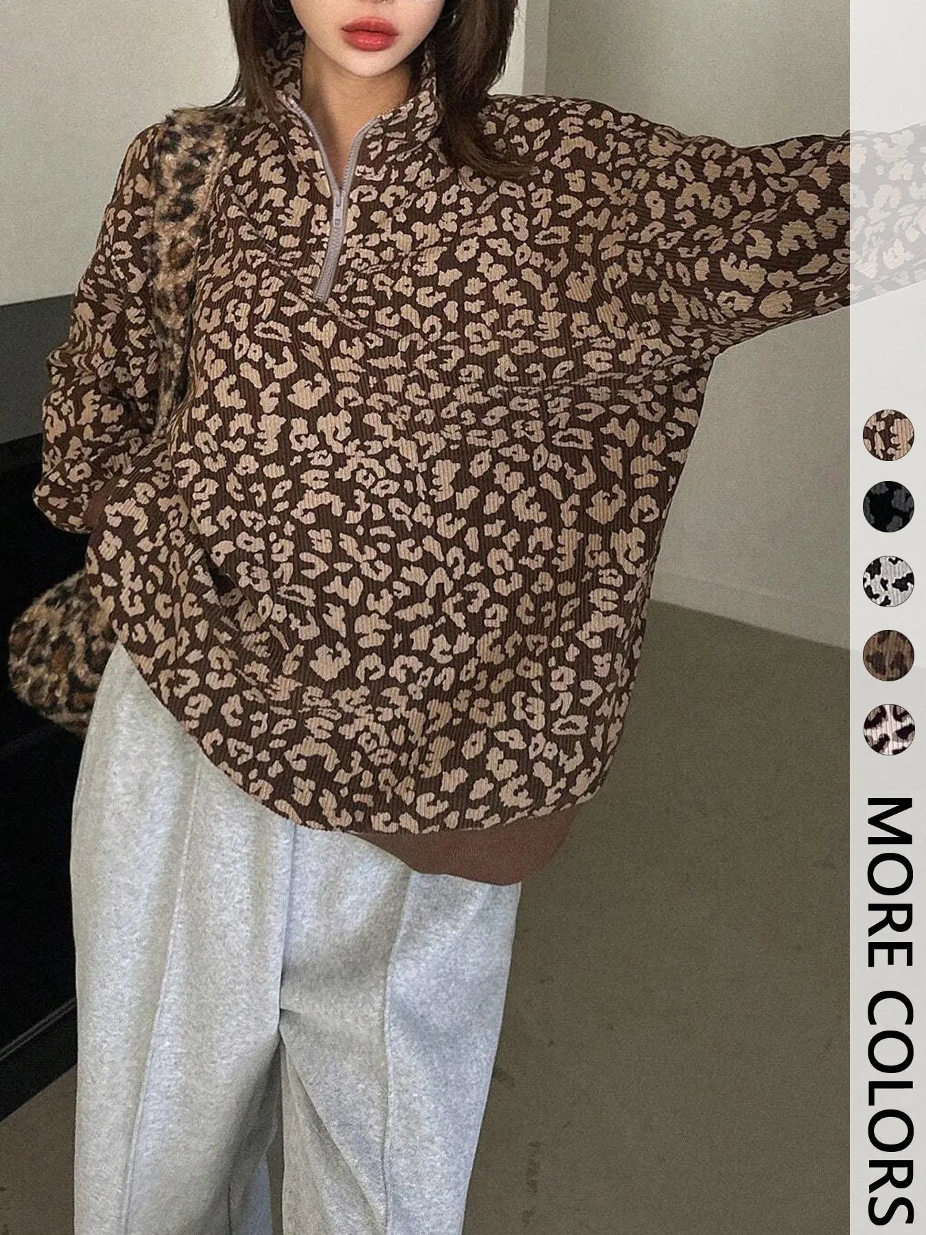 Leopard Print Quarter Zip Pullover – Women's Trendy Casual Sweatshirt