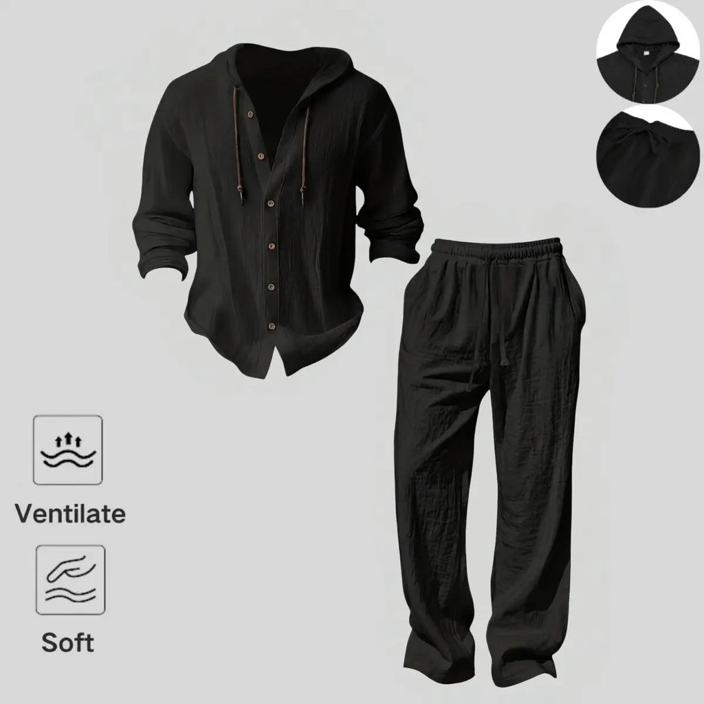 Men's Linen Hooded Set – Lightweight Button Shirt & Relaxed Pants
