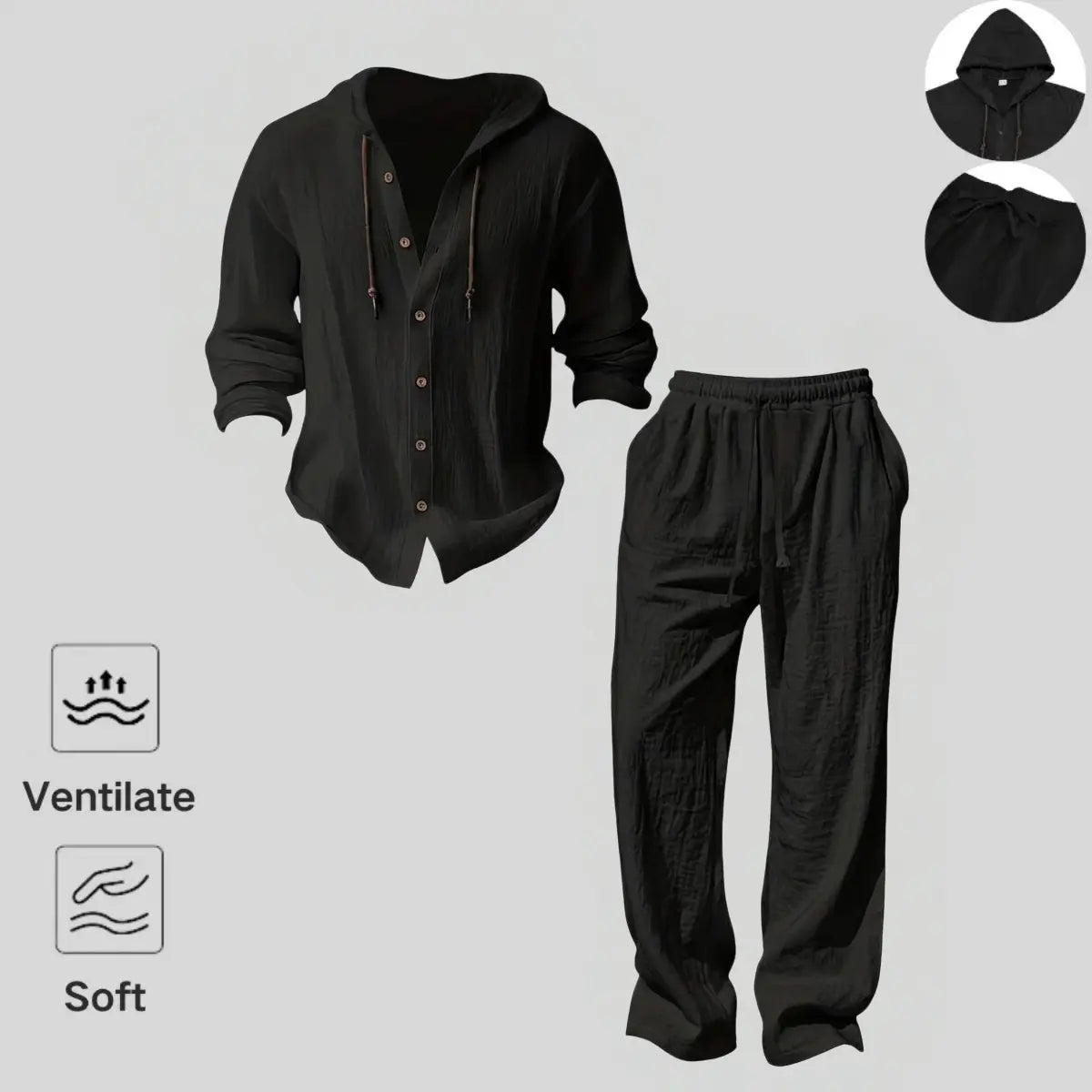 Men's Linen Hooded Set – Lightweight Button Shirt & Relaxed Pants