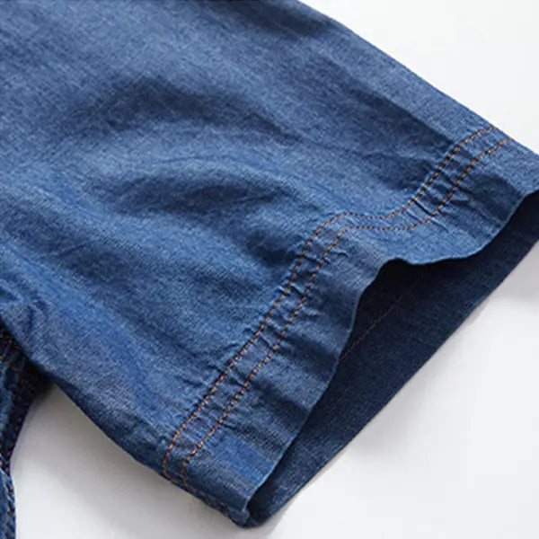 Men's Vintage Washed Denim Shirt – Short Sleeve Double Pocket Work Shirt