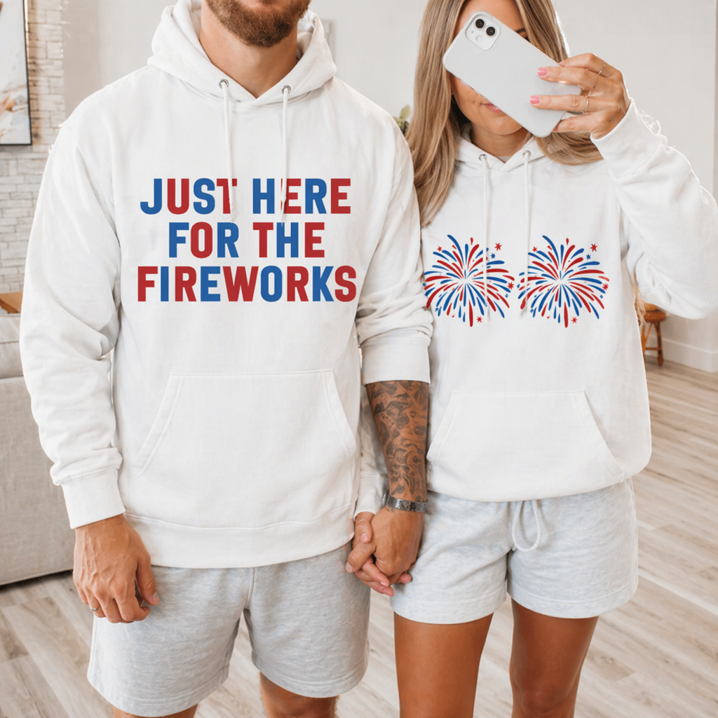 “Just Here for the Fireworks” Couple Shirts/Sweatshirt/Hoodie – 4th of July Matching Tees