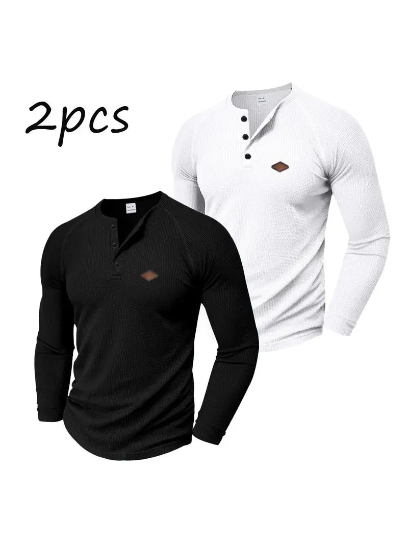 Men's 2-Pack Waffle Knit Henley Shirts – Long Sleeve Raglan Casual Tops