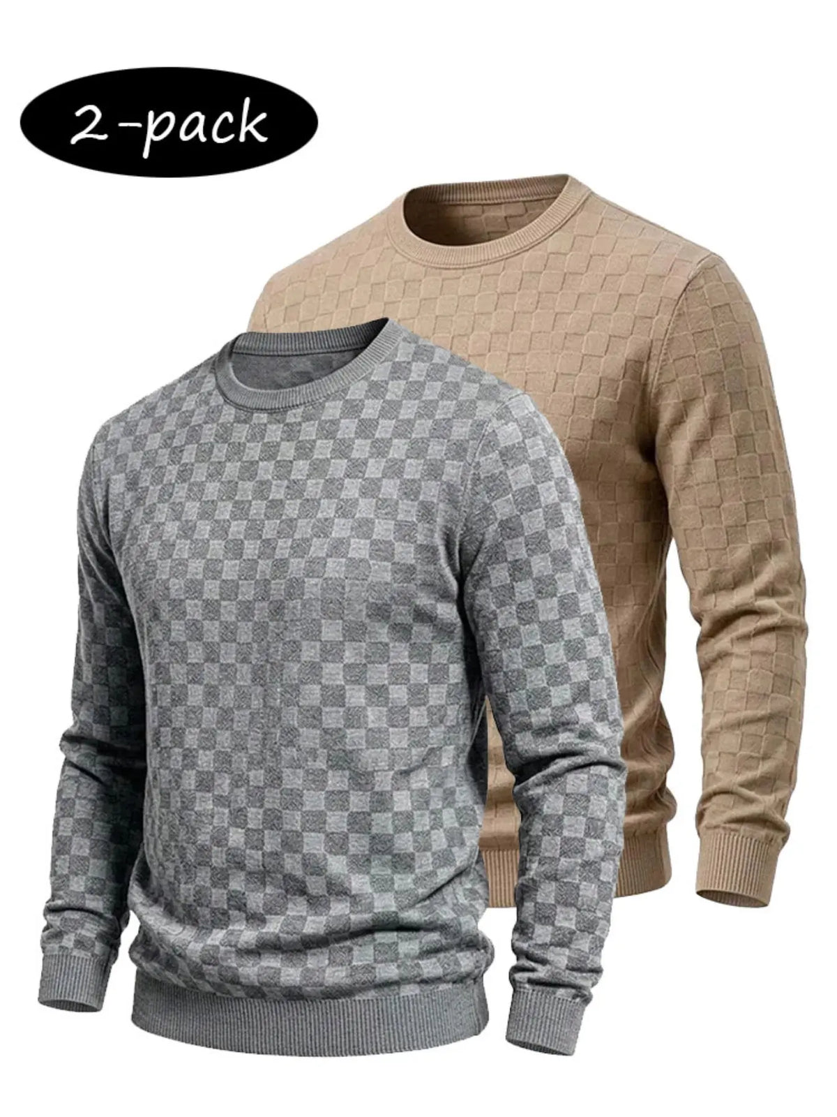 4-Pack Men’s Checkered Knit Sweaters – Lightweight Crewneck Long Sleeve Pullovers
