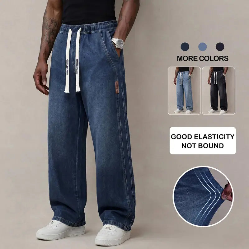 Men's Baggy Drawstring Jeans – Vintage Washed Wide Leg Denim Pants