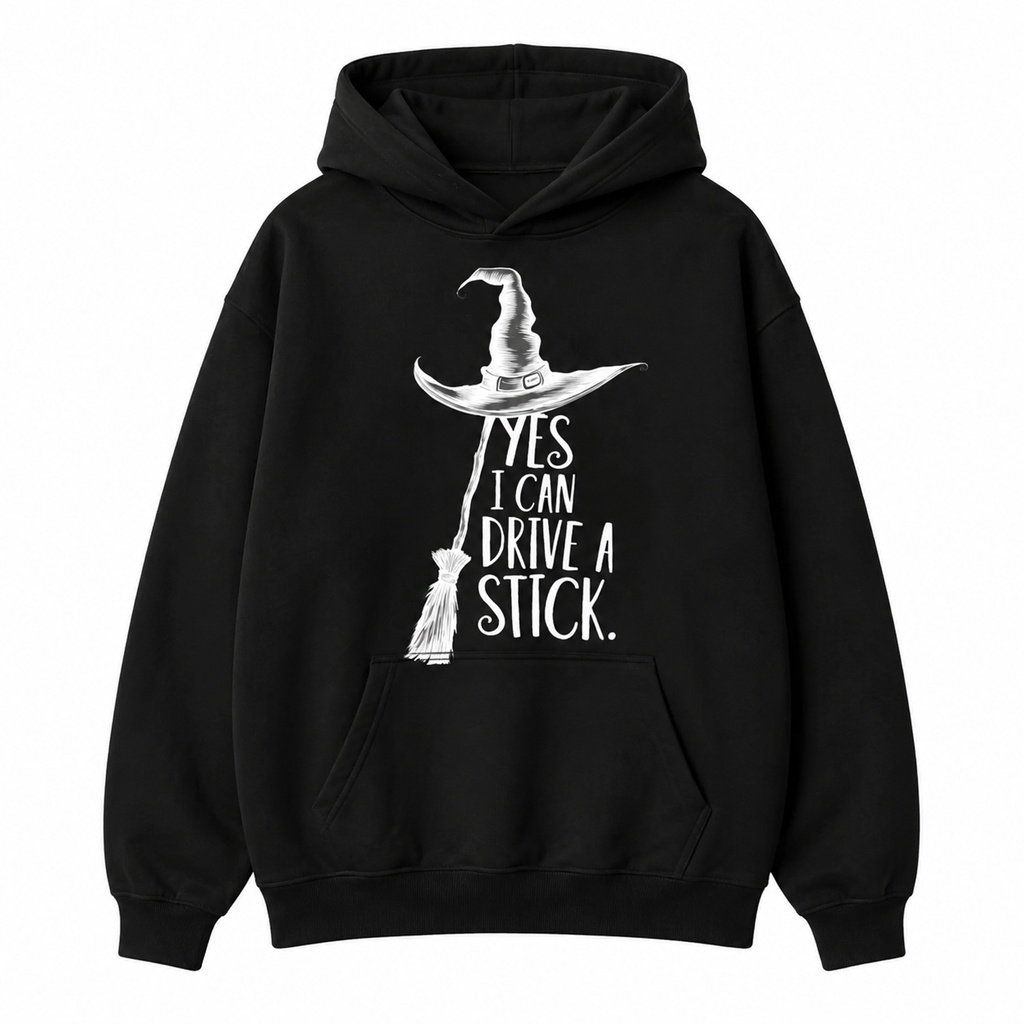 Funny Witch Graphic T-Shirt/Sweatshirt/Hoodie – Yes I Can Drive A Stick Halloween Tee