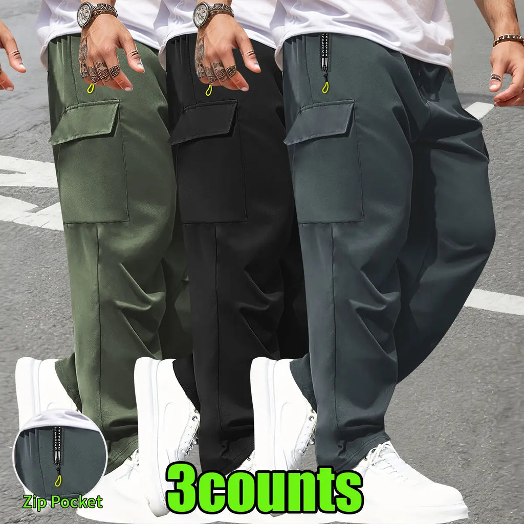 3-Pack Men’s Cargo Pants – Multi-Pocket Drawstring Utility Joggers with Zip Pockets
