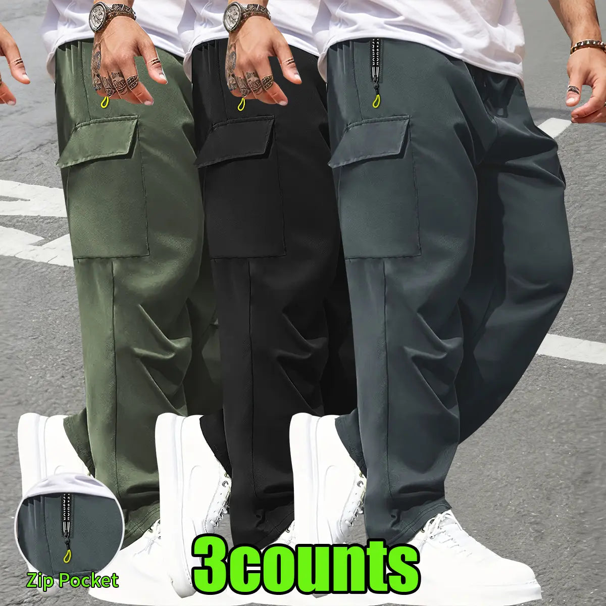 3-Pack Men’s Cargo Pants – Multi-Pocket Drawstring Utility Joggers with Zip Pockets
