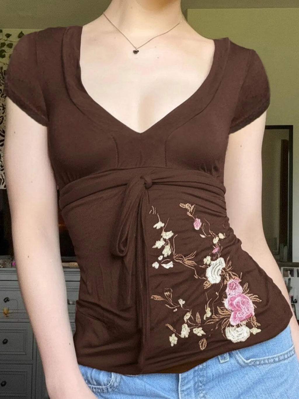 Floral Embroidered Tie Front Top | Feminine Vintage Y2K Tee – Short Sleeve & Long Sleeve Options