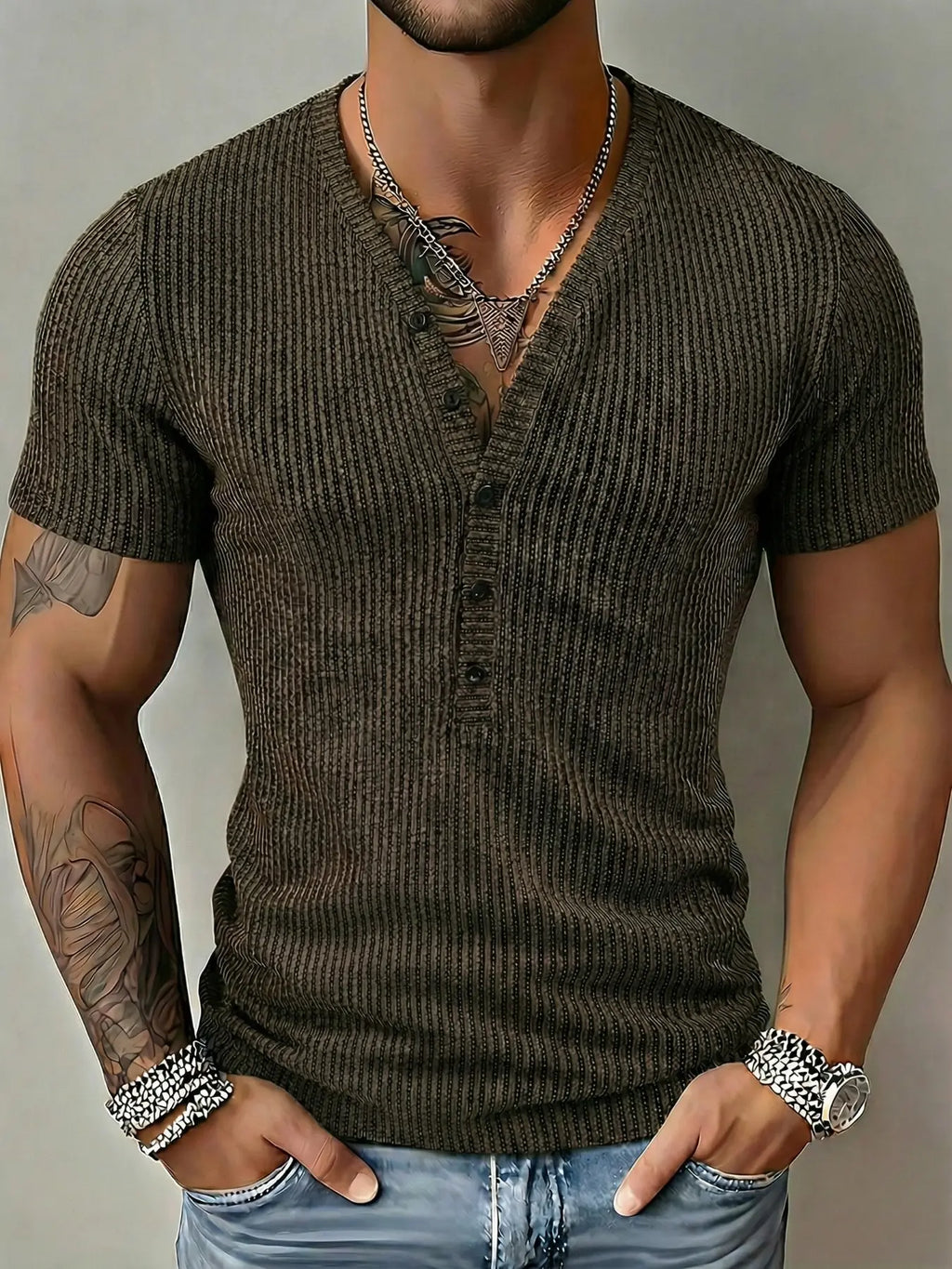Men's Slim Fit Ribbed Henley Tee