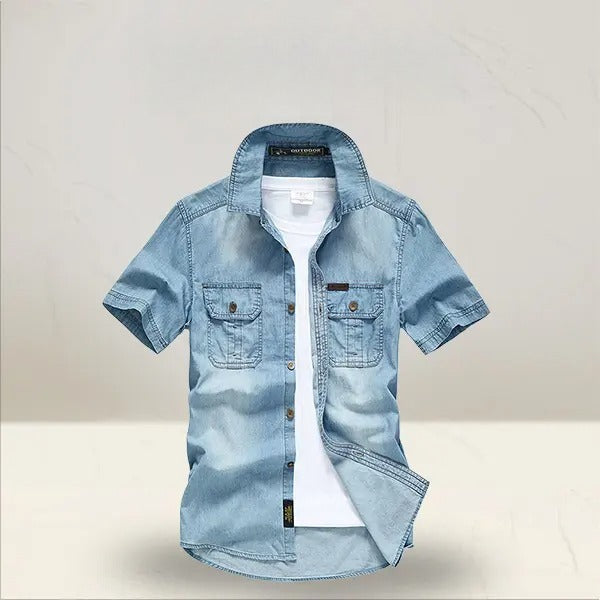 Men's Vintage Washed Denim Shirt – Short Sleeve Double Pocket Work Shirt