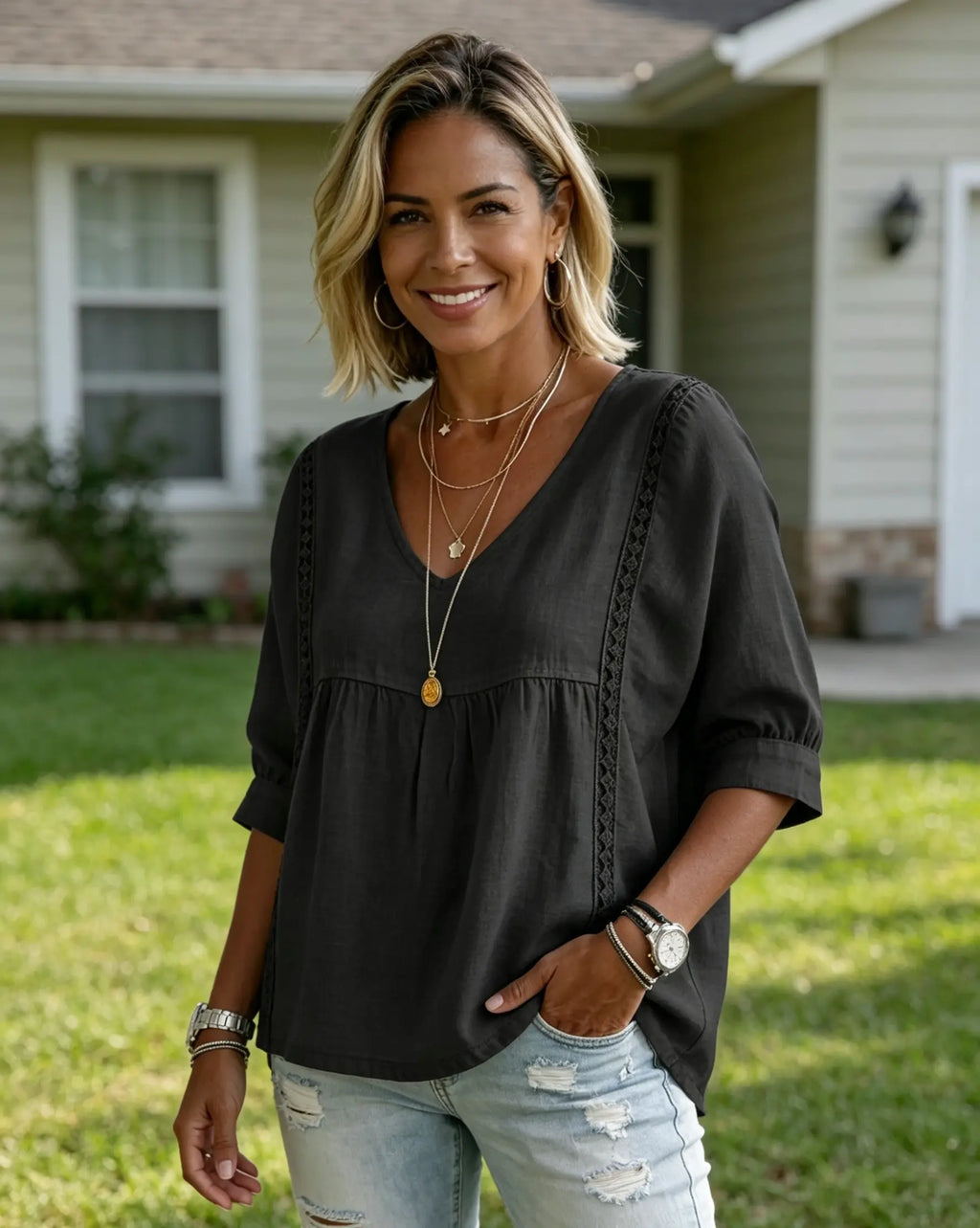 Women's V Neck Boho Blouse – Relaxed Fit Lace Detail Puff Sleeve Casual Top