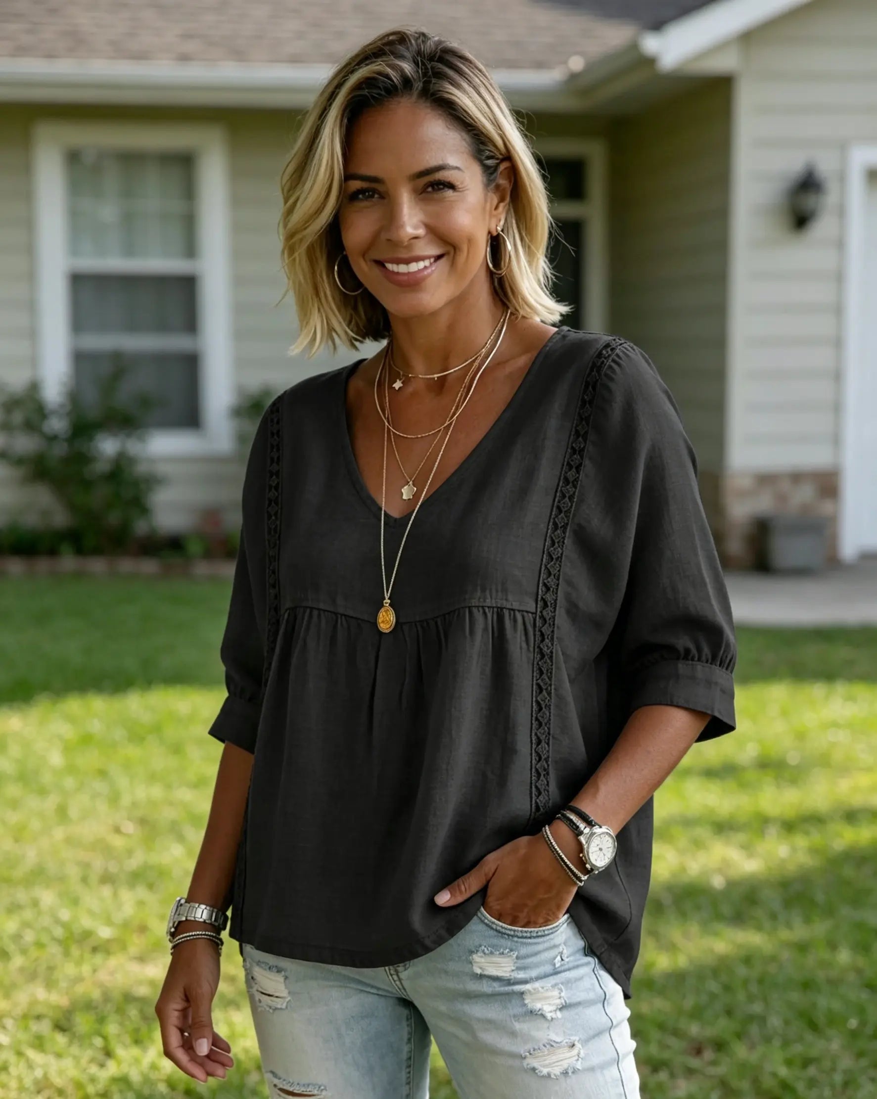 Women's V Neck Boho Blouse – Relaxed Fit Lace Detail Puff Sleeve Casual Top