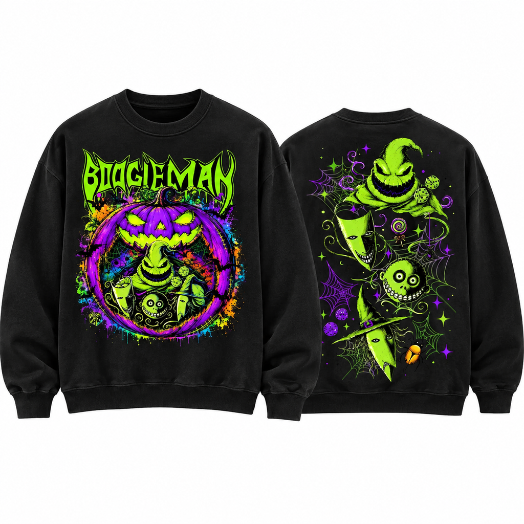 Boogeyman Halloween T-Shirt/Sweatshirt/Hoodie – Neon Spooky Character Front & Back Graphic Tee