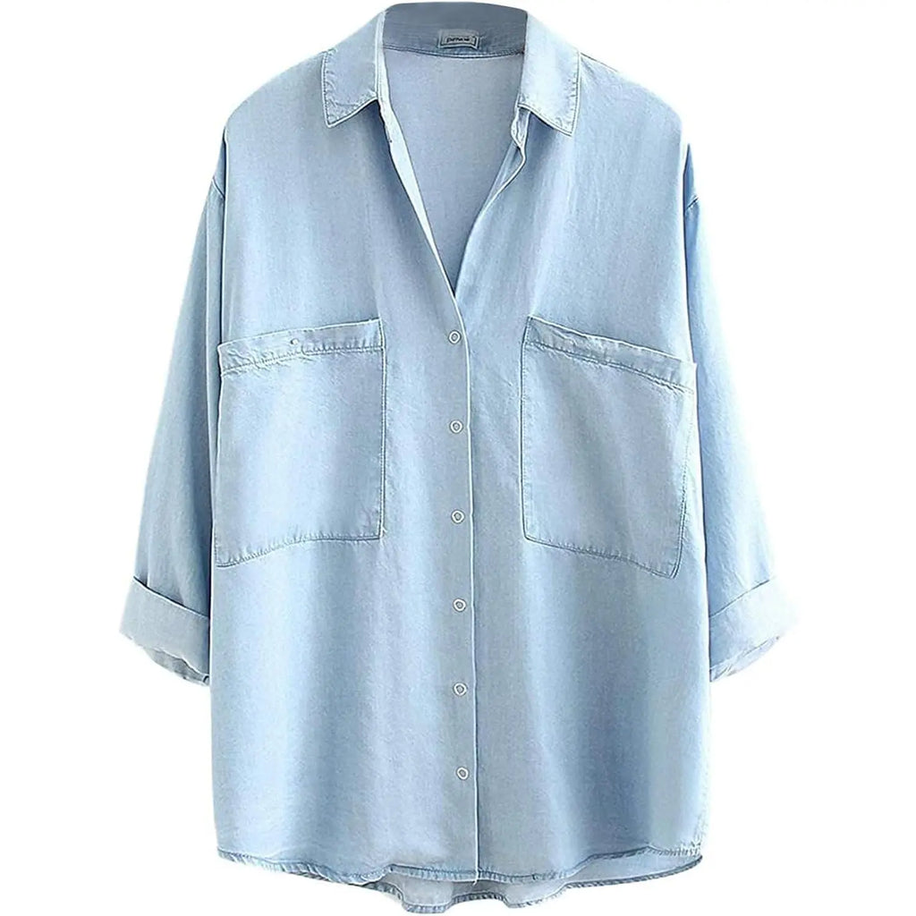 Women’s Tencel Chambray Denim Shirt – Oversized Button Down 3/4 Sleeve Top with Pockets