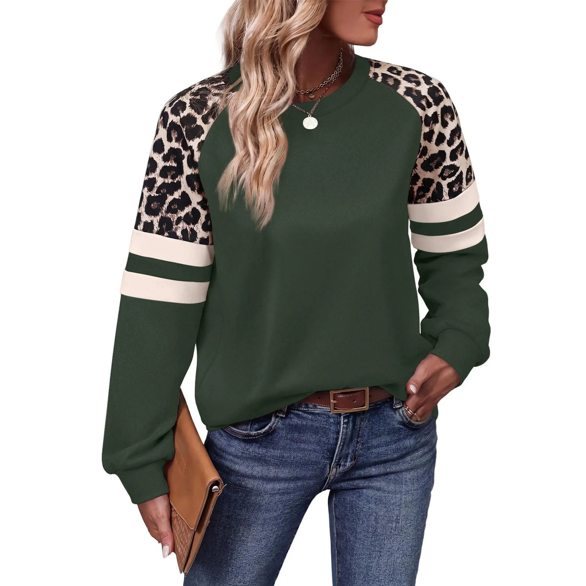 Women’s Leopard Color Block Sweatshirt – Long Sleeve Crewneck Casual Pullover Top