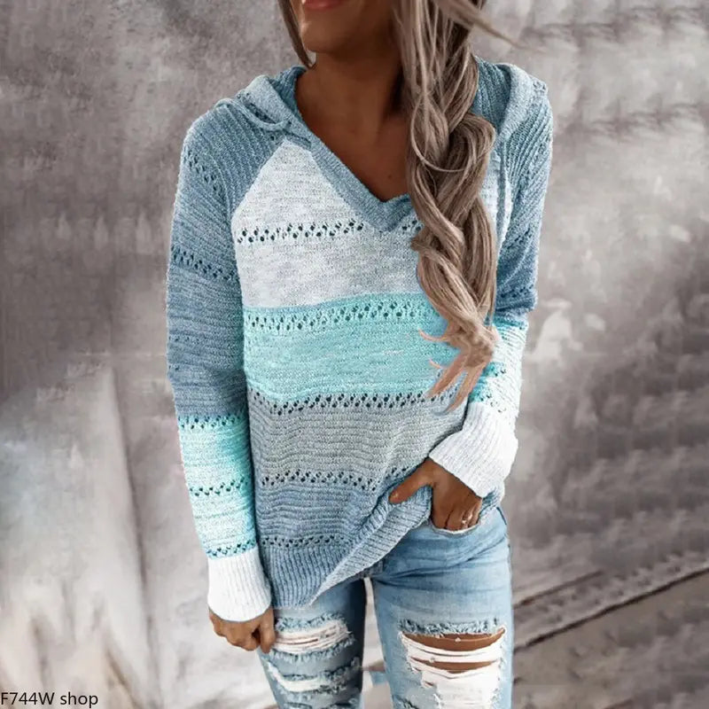 Women’s Color Block Knit Hoodie – Casual Openwork Pullover Sweater
