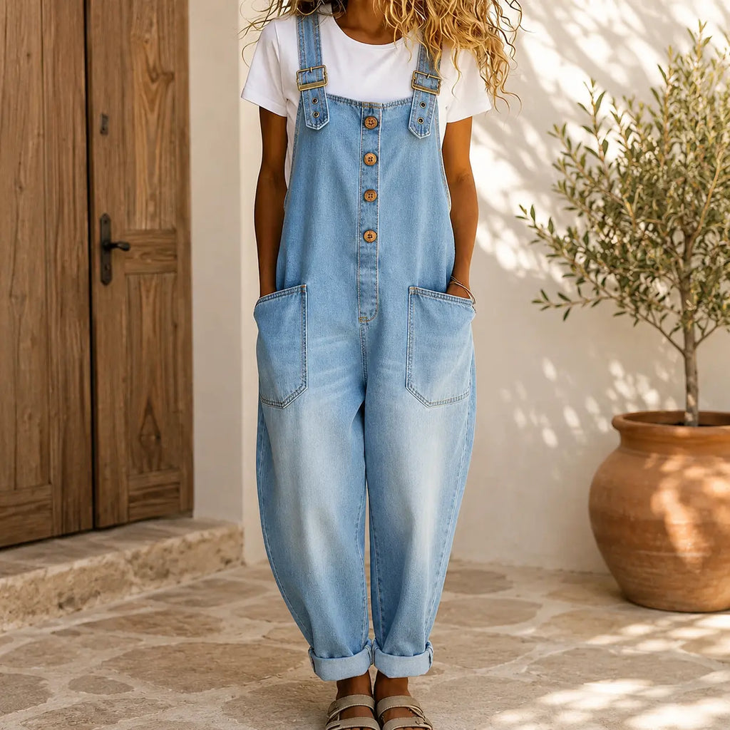 Women’s Loose Fit Denim Overalls – Adjustable Strap Button Front Jumpsuit with Large Pockets