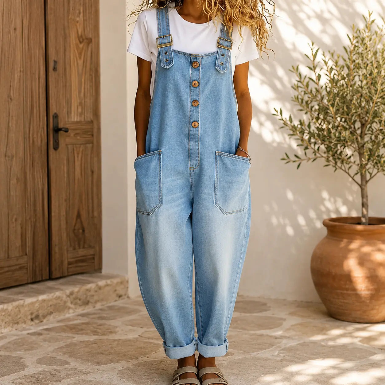 Women’s Loose Fit Denim Overalls – Adjustable Strap Button Front Jumpsuit with Large Pockets