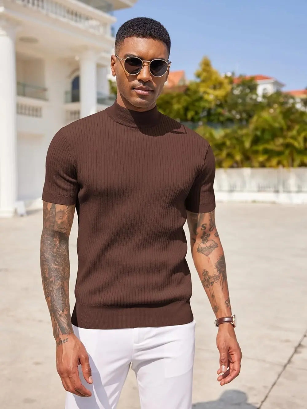 Men's Ribbed Mock Neck T-Shirt – Minimalist Short Sleeve Knit Top