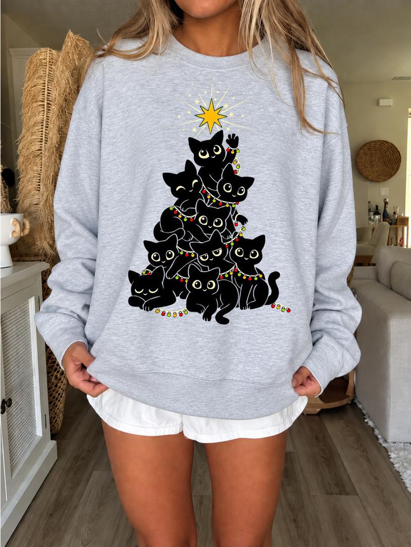 Black Cat Christmas Tree Sweatshirt/Hoodie/T-Shirt – Cute Cat Lover Holiday Crewneck