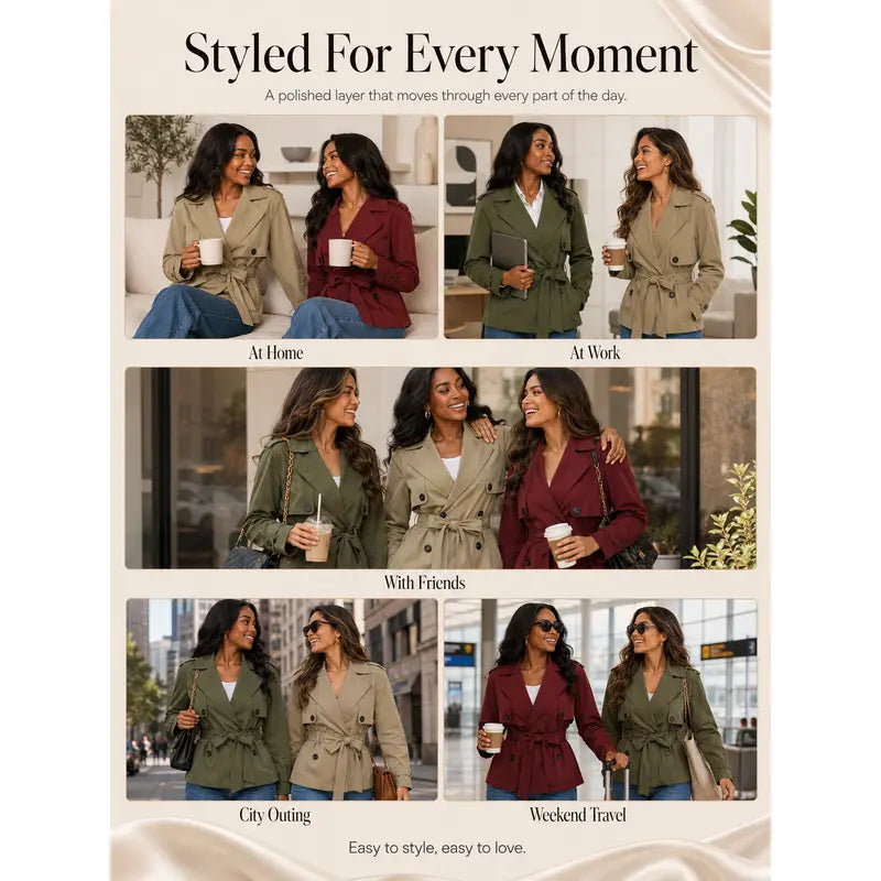 Women's Chic Belted Short Trench Jacket – Double-Breasted Fall Coat