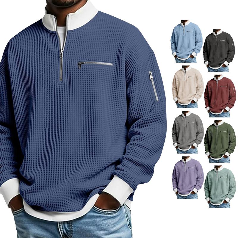 Men's Waffle Knit Quarter-Zip Pullover – Contrast Collar Casual Sweatshirt