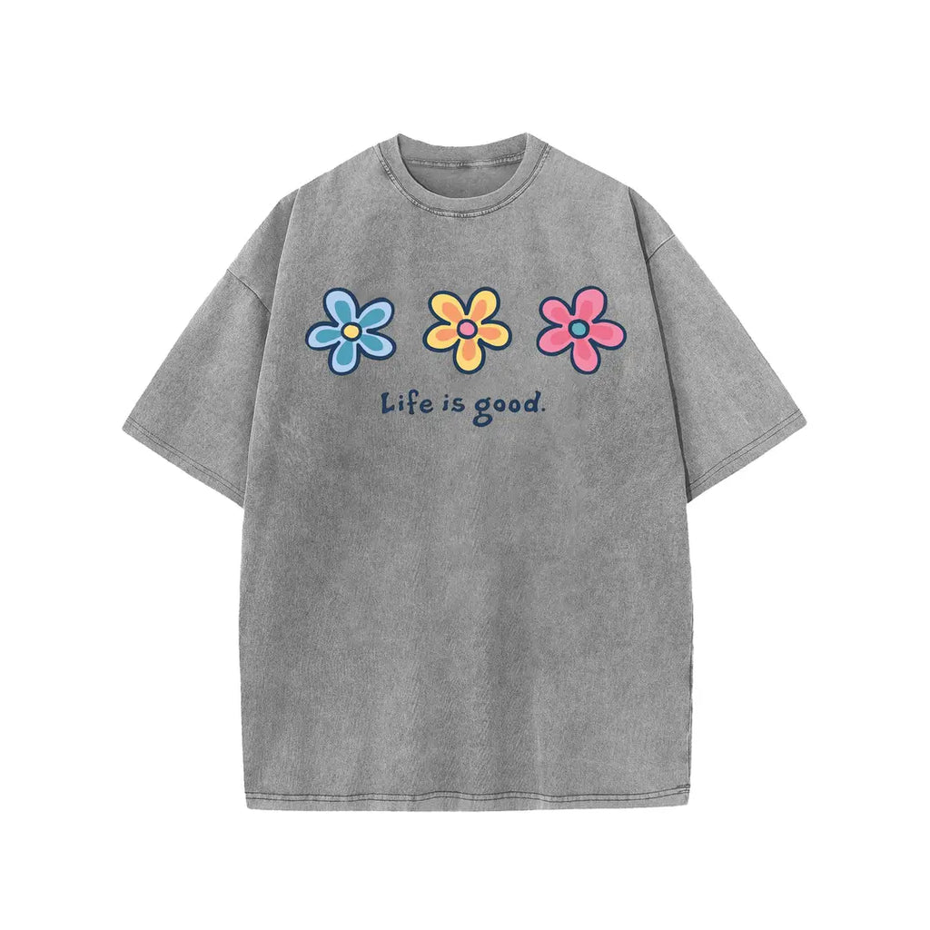 Life Is Good Daisy Tee 🌼 – Vintage Wash Oversized T-Shirt