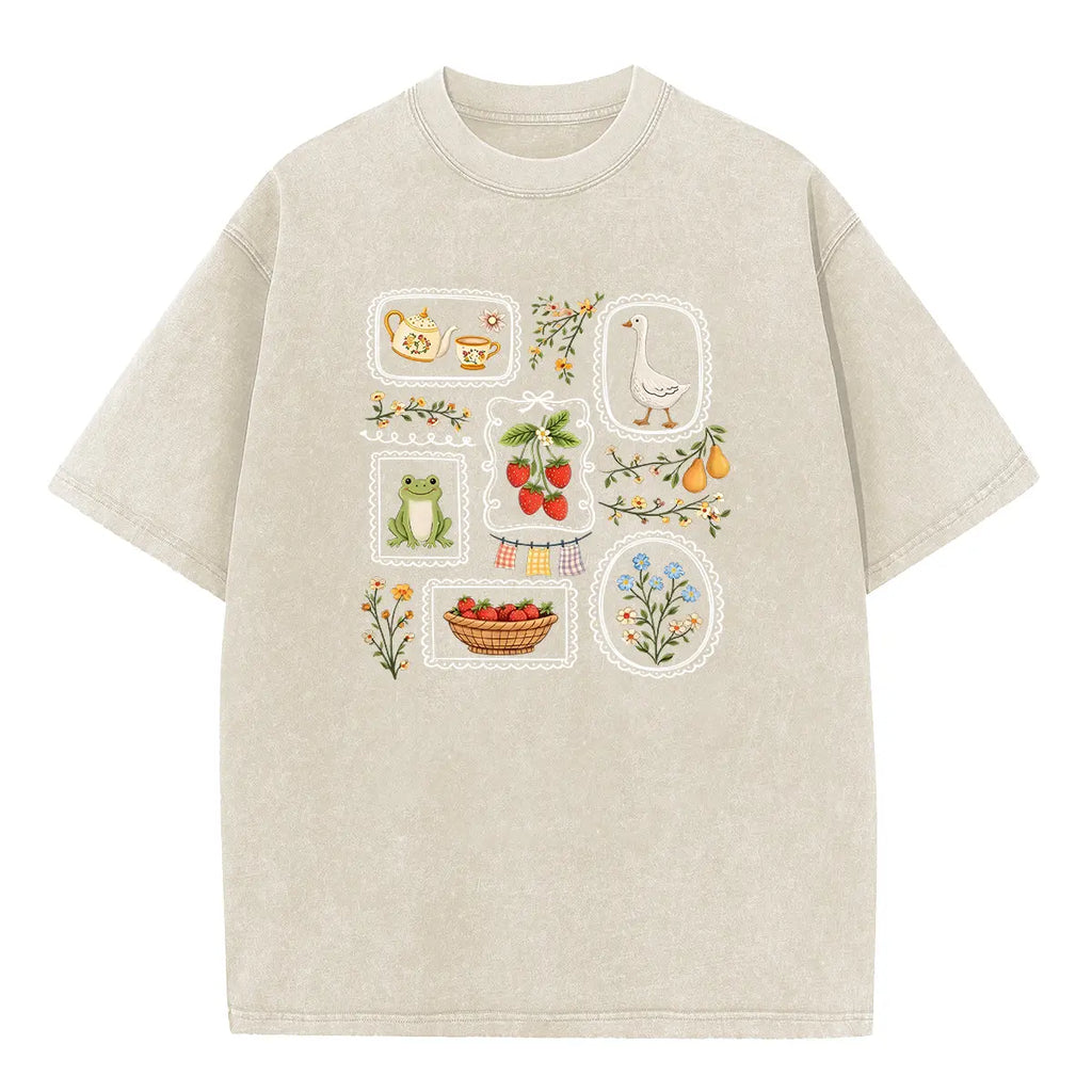 Vintage Cottagecore Goose & Strawberry Graphic T-Shirt/Sweatshirt/Hoodie - Acid Wash Folk Art Nature