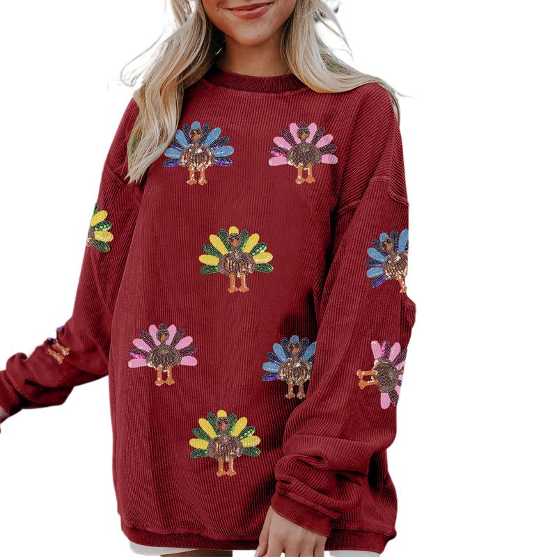 Women's Sequin Print Effect Turkey Thanksgiving Sweatshirt – Oversized Corded Holiday Pullover