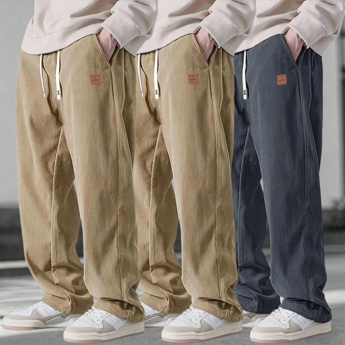 Men’s 3-Pack Corduroy Pants – Loose Fit Drawstring Casual Straight Leg Trousers