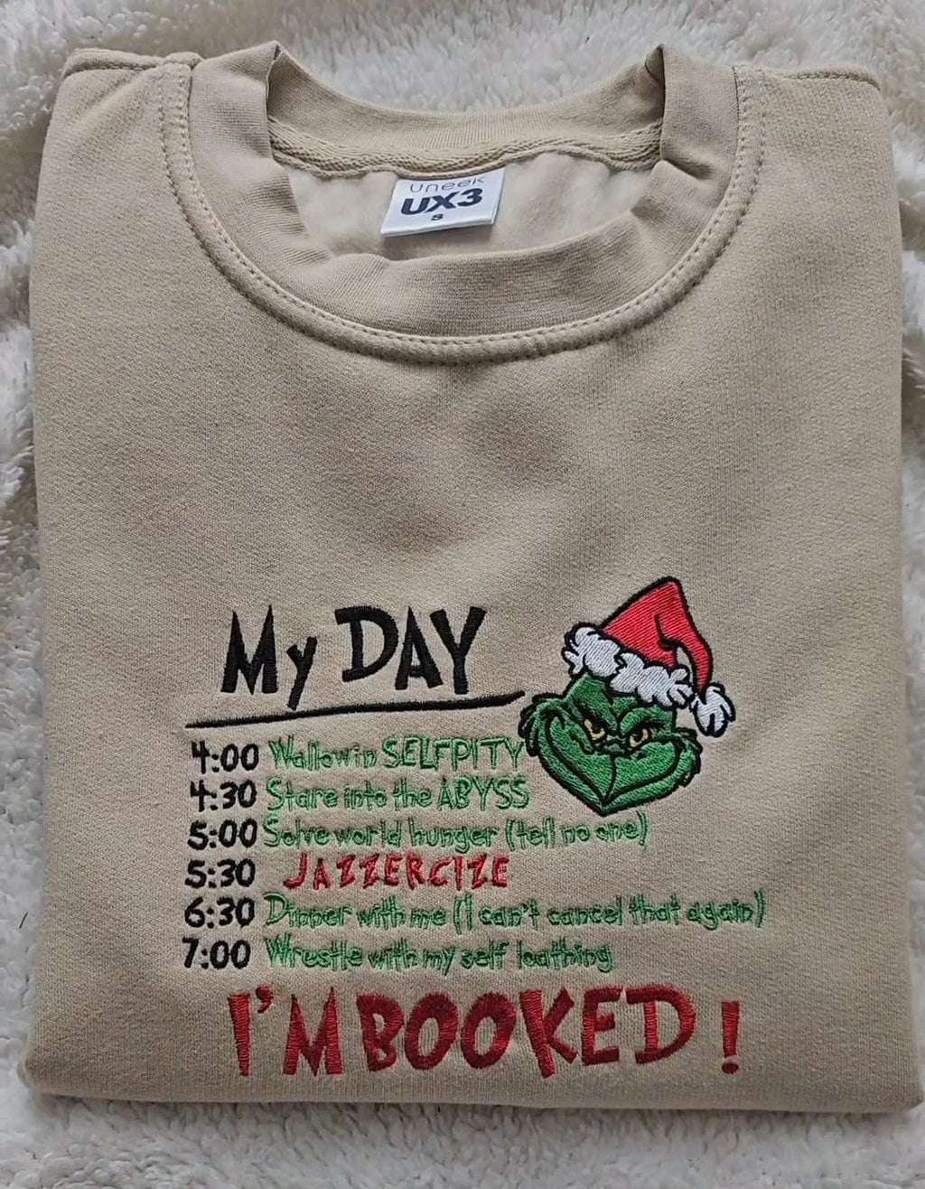 Christmas “I’m Booked” Grinch Embroidered Sweatshirt, Funny My Day Schedule Holiday Sweater, Cozy Winter Hoodie for Grinch Lovers, Festive Embroidery Gift Top