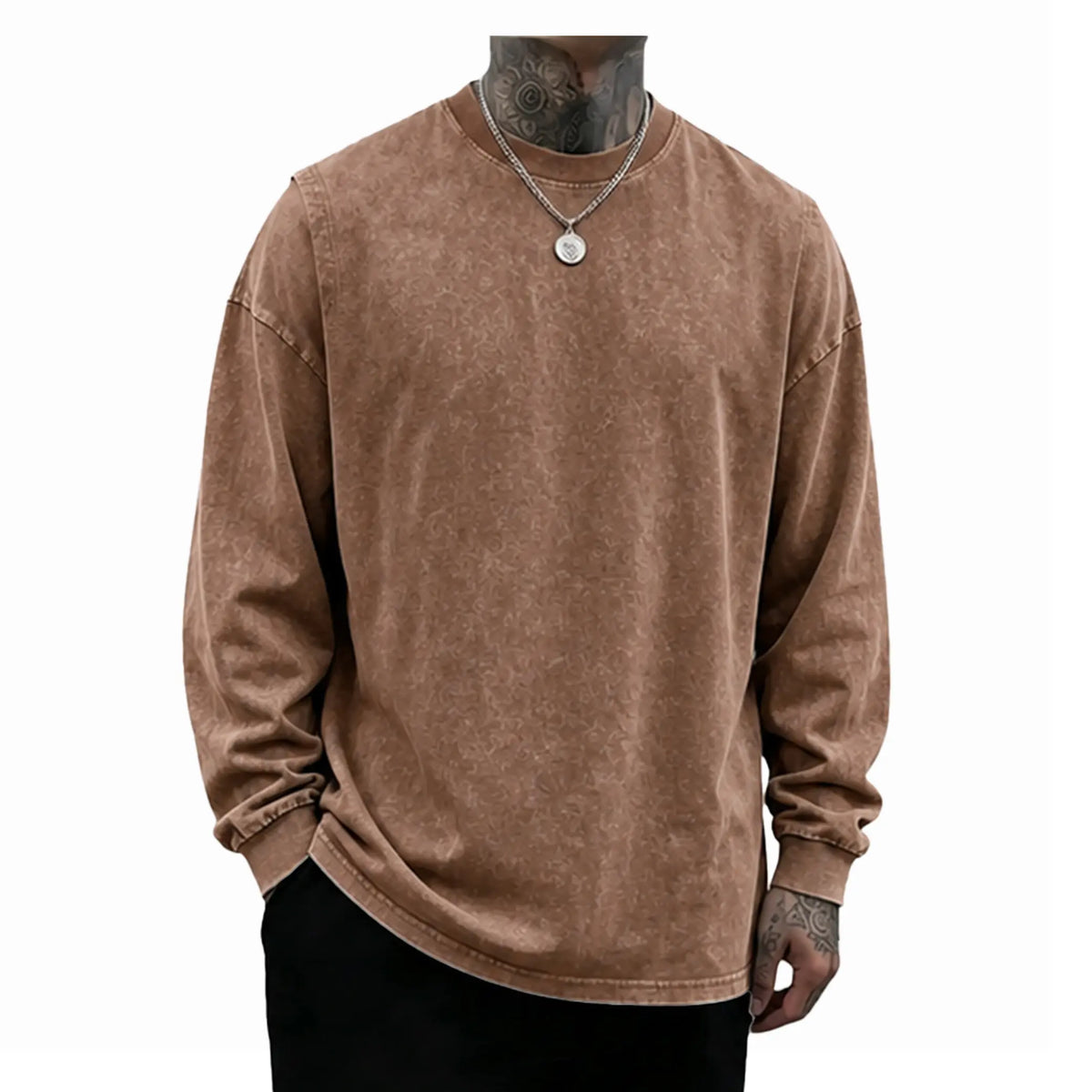 Men’s Vintage Washed Long Sleeve T-Shirt/Sweatshirt/Hoodie – Oversized Crewneck Relaxed Fit Streetwear Tee