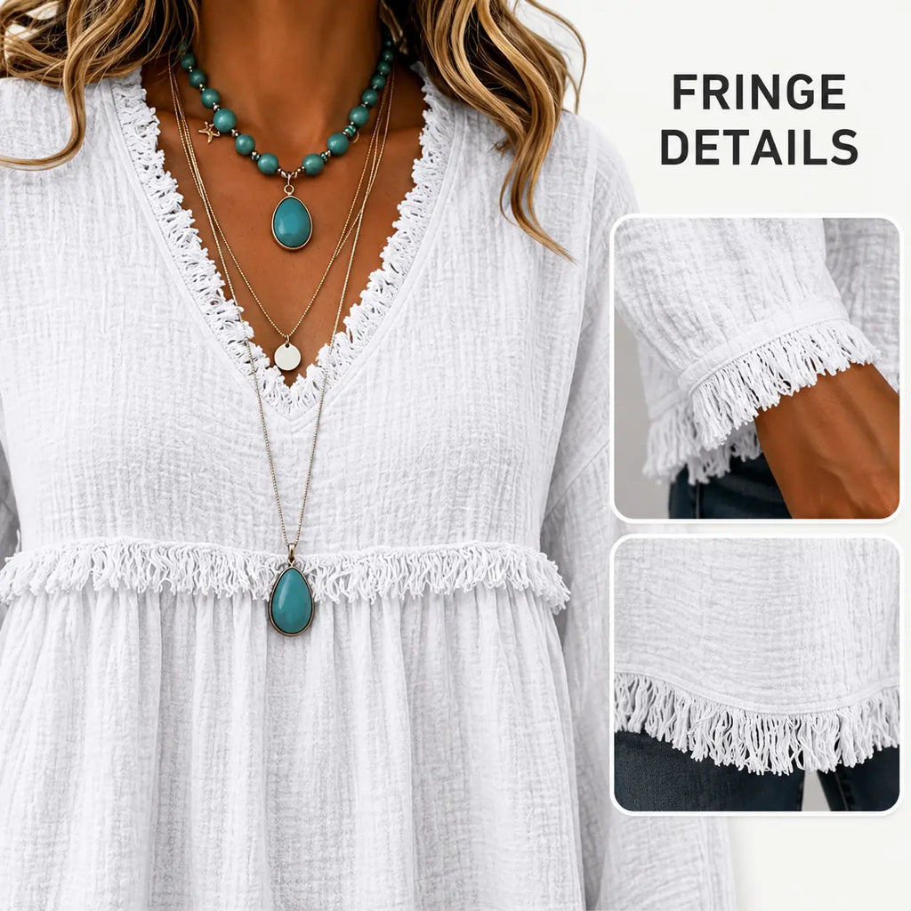Women's Boho V-Neck Fringe Top – Flowy Long Sleeve Western Babydoll Blouse
