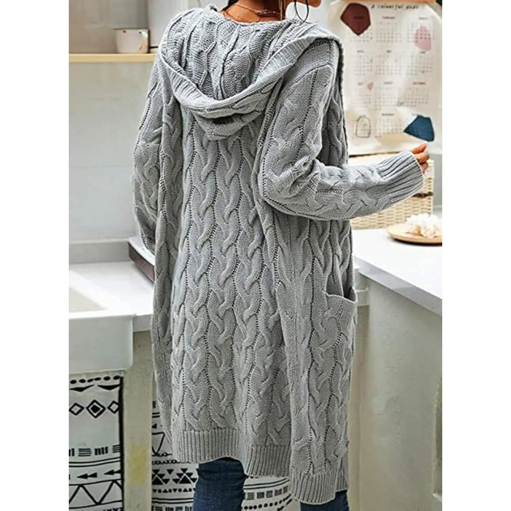 Women's Cozy Cable Knit Hooded Cardigan – Long Open Front Sweater with Pockets
