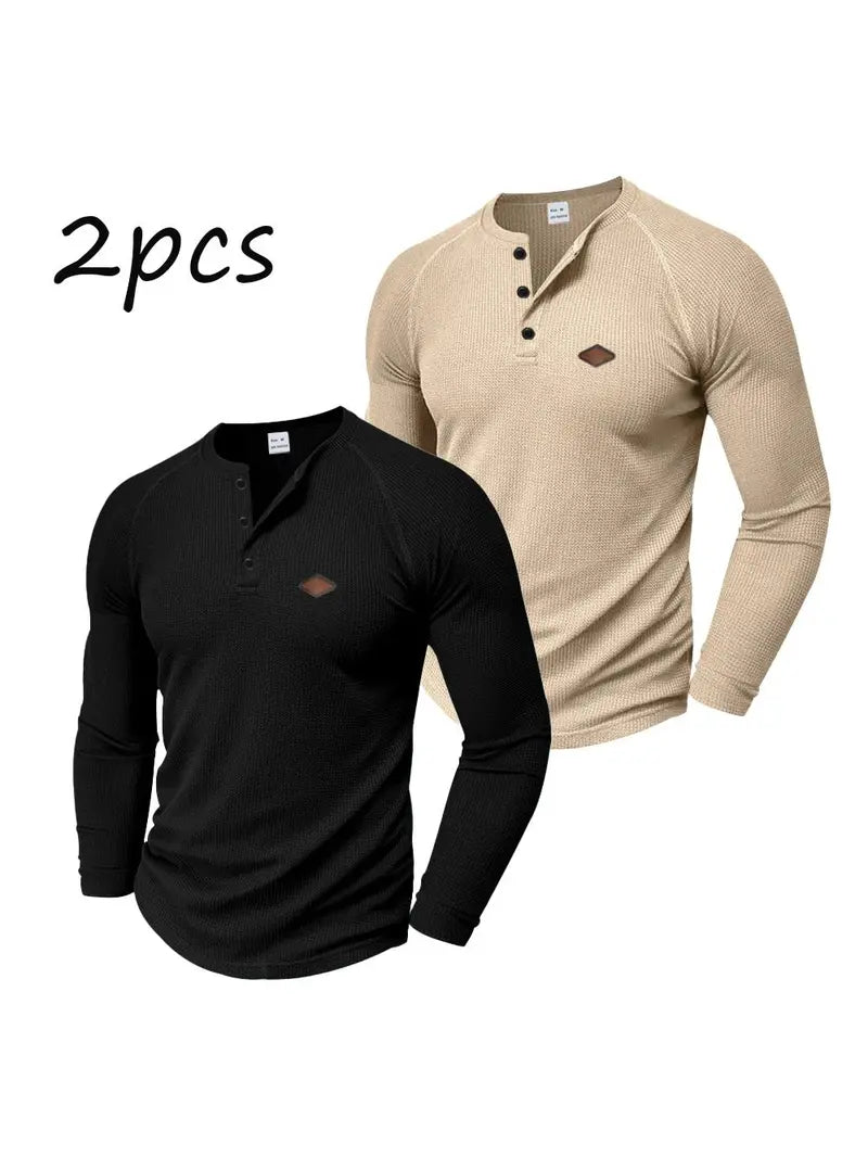 Men's 2-Pack Waffle Knit Henley Shirts – Long Sleeve Raglan Casual Tops