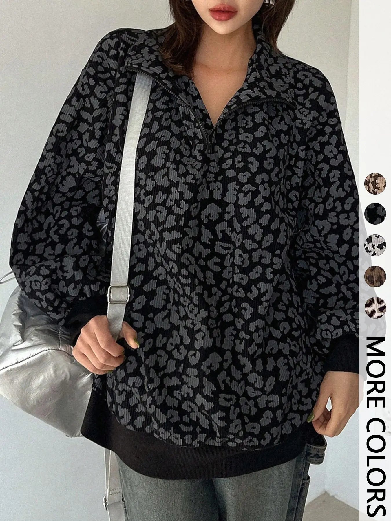 Leopard Print Quarter Zip Pullover – Women's Trendy Casual Sweatshirt