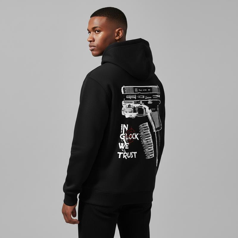 Men's In Glock We Trust graphic Graphic Hoodie - Cotton Blend Black Long Sleeve Pullover Regular Fit | Soft & Breathable Fabric, Durable Print, Everyday Comfort, Machine Washable, urban streetwear outdoor casual