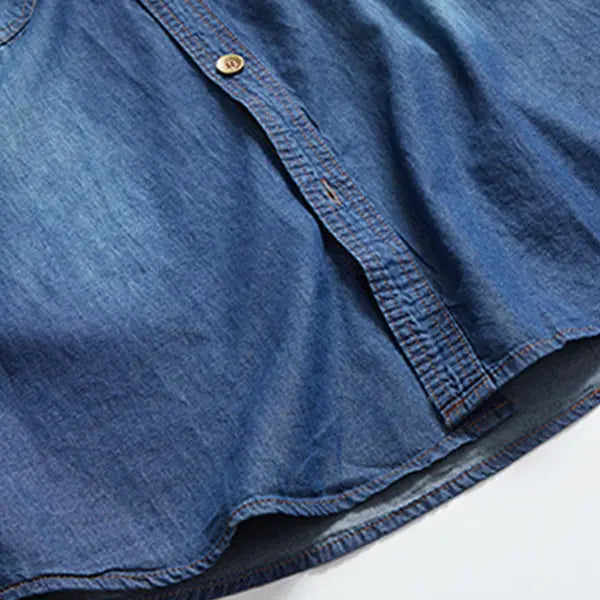 Men's Vintage Washed Denim Shirt – Short Sleeve Double Pocket Work Shirt