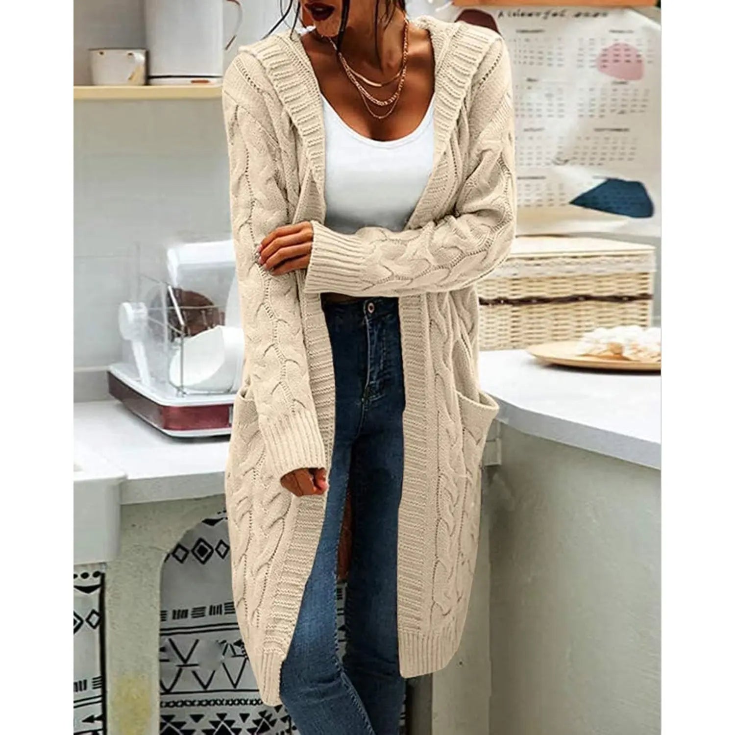 Women's Cozy Cable Knit Hooded Cardigan – Long Open Front Sweater with Pockets