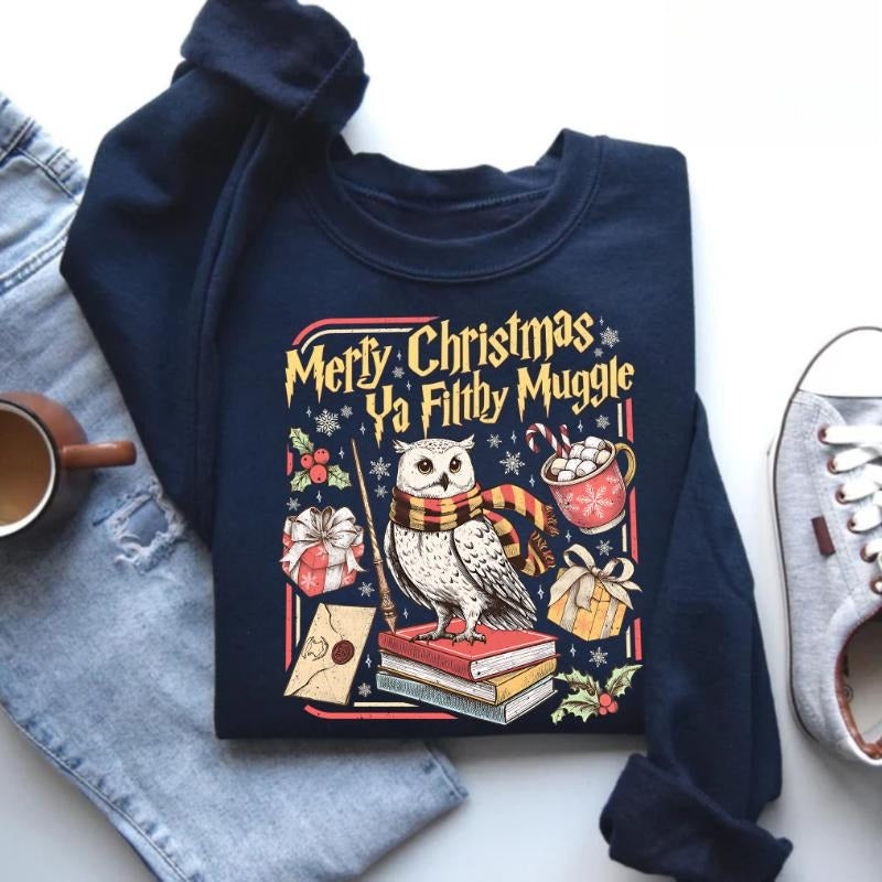 Merry Christmas Ya Filthy Muggle Sweatshirt/Hoodie/T-Shirt – Vintage Wizard Owl Holiday Crewneck