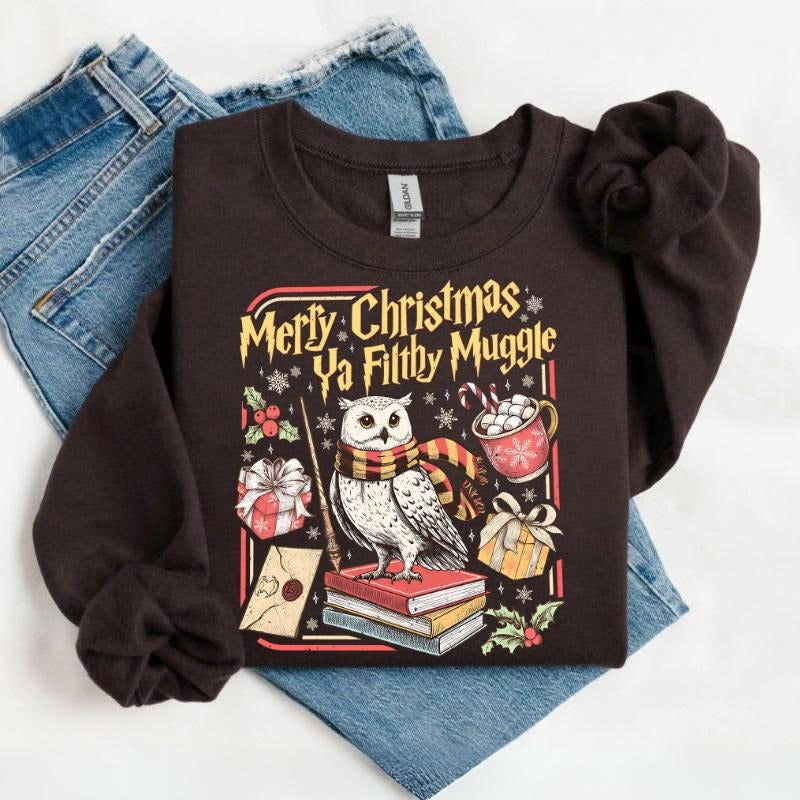Merry Christmas Ya Filthy Muggle Sweatshirt/Hoodie/T-Shirt – Vintage Wizard Owl Holiday Crewneck