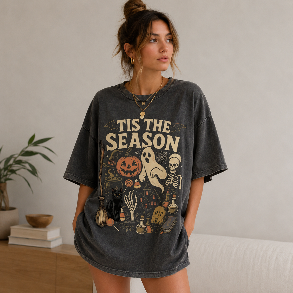 Tis the Season Halloween Shirt/Sweatshirt/Hoodie – Vintage Ghost Pumpkin Black Cat Graphic Tee, Spooky Fall T-Shirt
