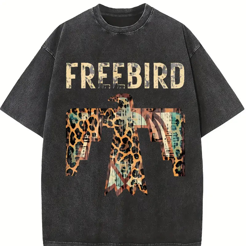 Freebird Thunderbird Graphic Tee – Vintage Washed Leopard Print Western T-Shirt/Sweatshirt/Hoodie
