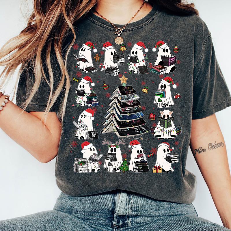 Christmas Book Ghosts T-Shirt, Ghost Reading Dark Romance Book Sweatshirt, Book Lover Xmas Gift, Spicy Book Hoodie, Smut Reader Tee