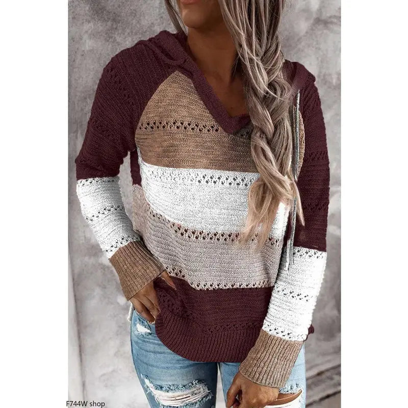 Women’s Color Block Knit Hoodie – Casual Openwork Pullover Sweater